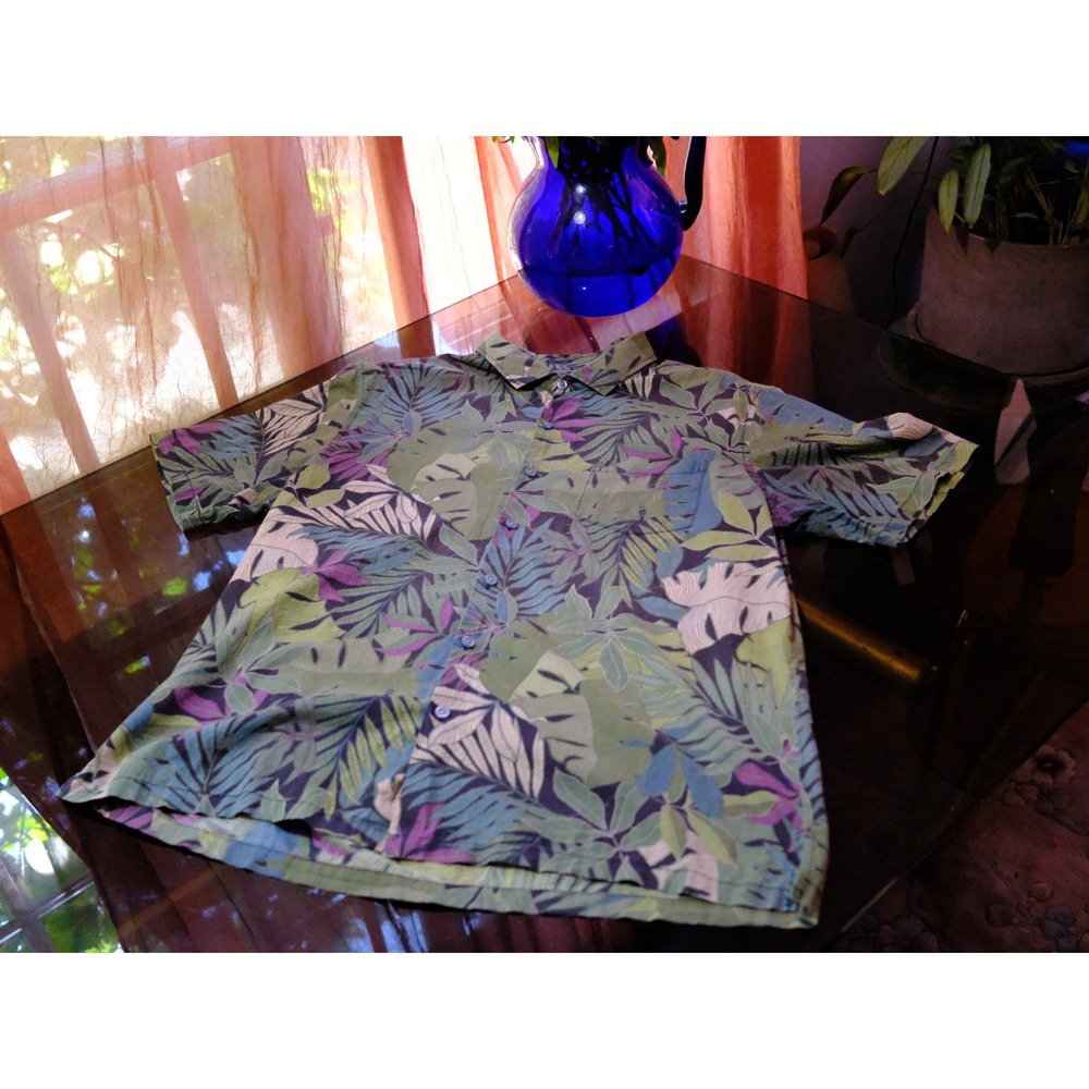 Tori Richard Mens Large Tropical Leaf Aloha Shirt Made in Hawaii Green Purple
